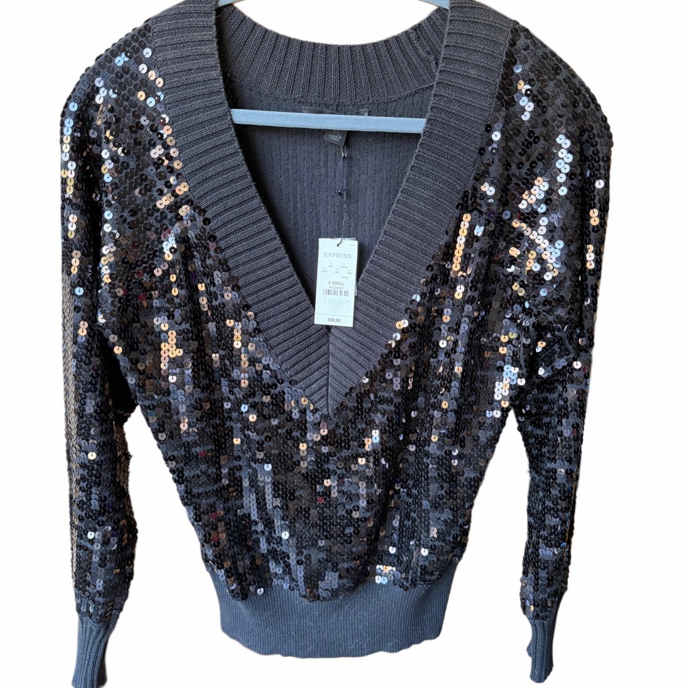 Express Black Sequin V-Neck Sweater